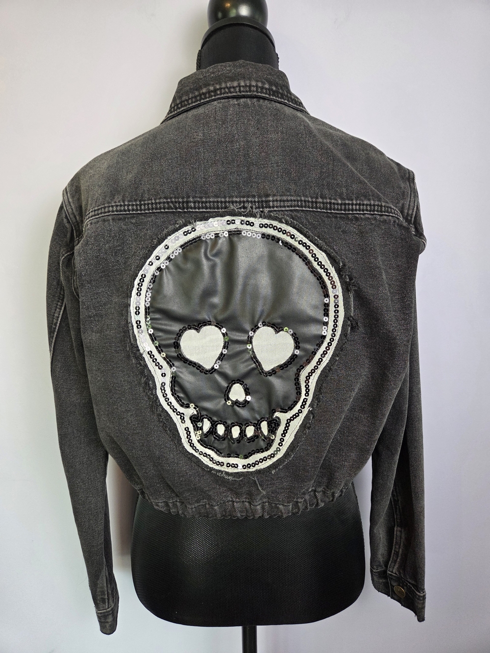Rebel Betty OOAK Skull Jean Jacket Medium Upcycled Bomber Sequins Rocker Edgy